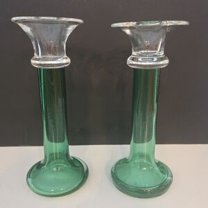 Crate & Barrel Polish Hand Blown Glass 8" Candlesticks Green & Clear Set of 2